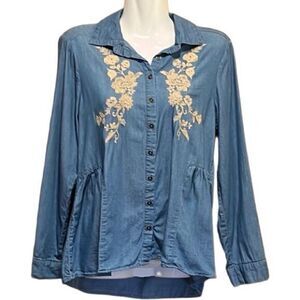 Coastal Cowgirl Shirt XS Blu‎ Denim Cream Embroidery Western Americana Earthy